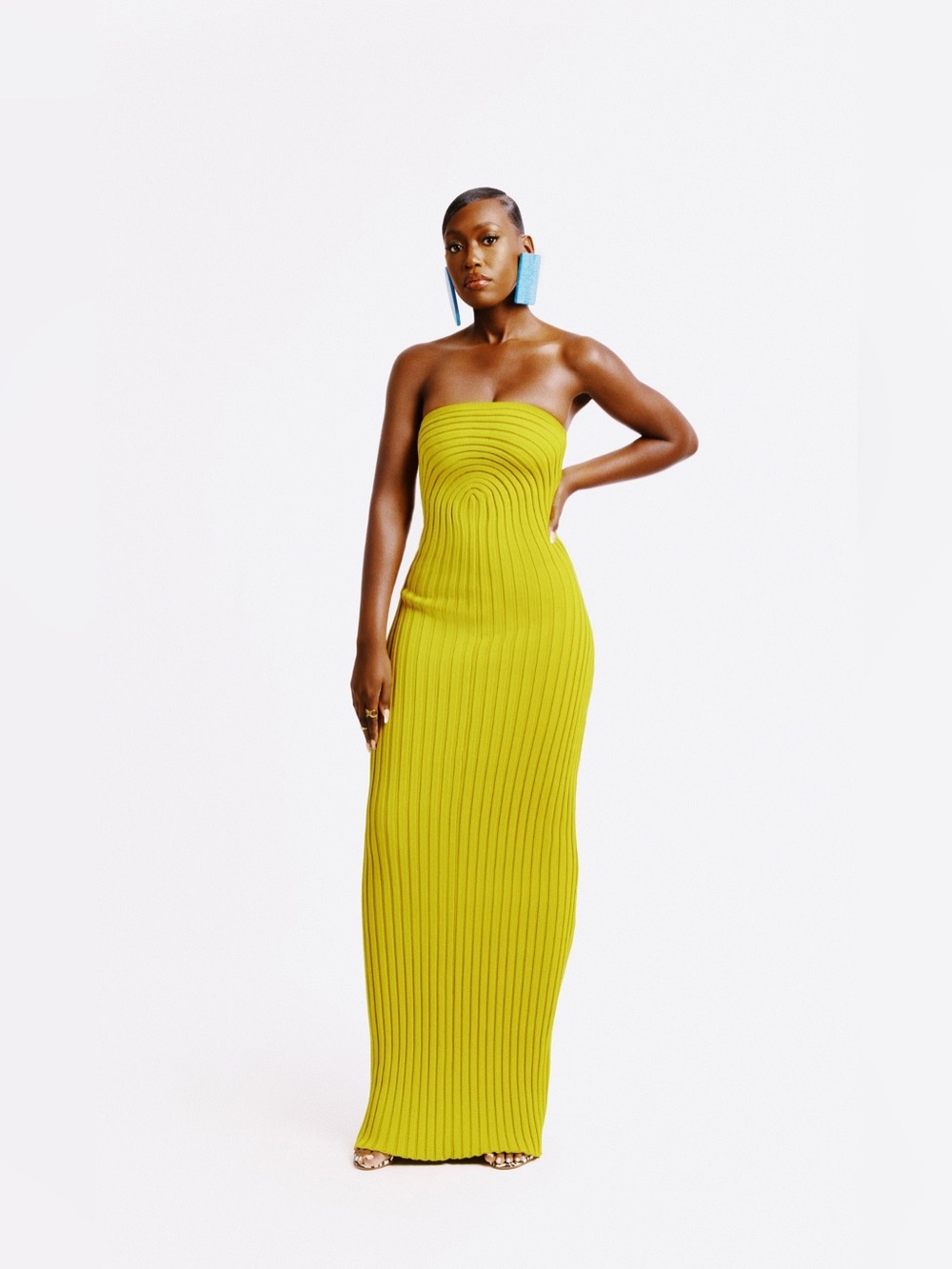 Hanifa Roxi Knit Tube Maxi Dress Mustard Ribbed Strapless Size S